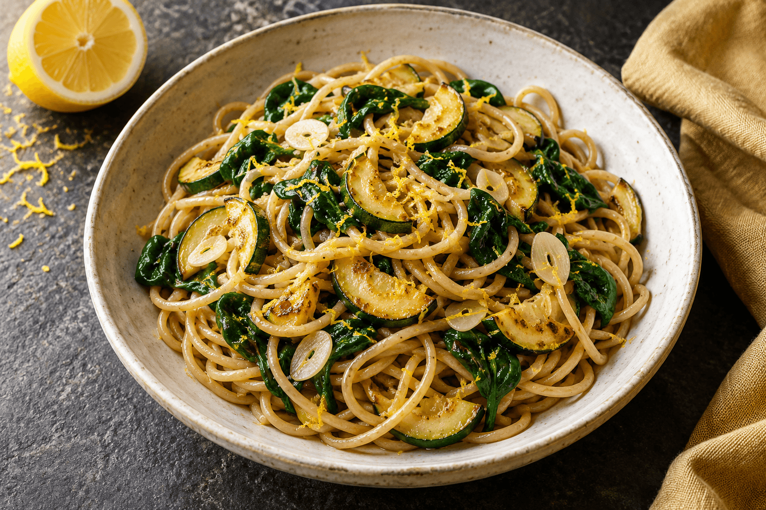 Lemon and courgette spaghetti with wilted spinach in a ceramic bowl