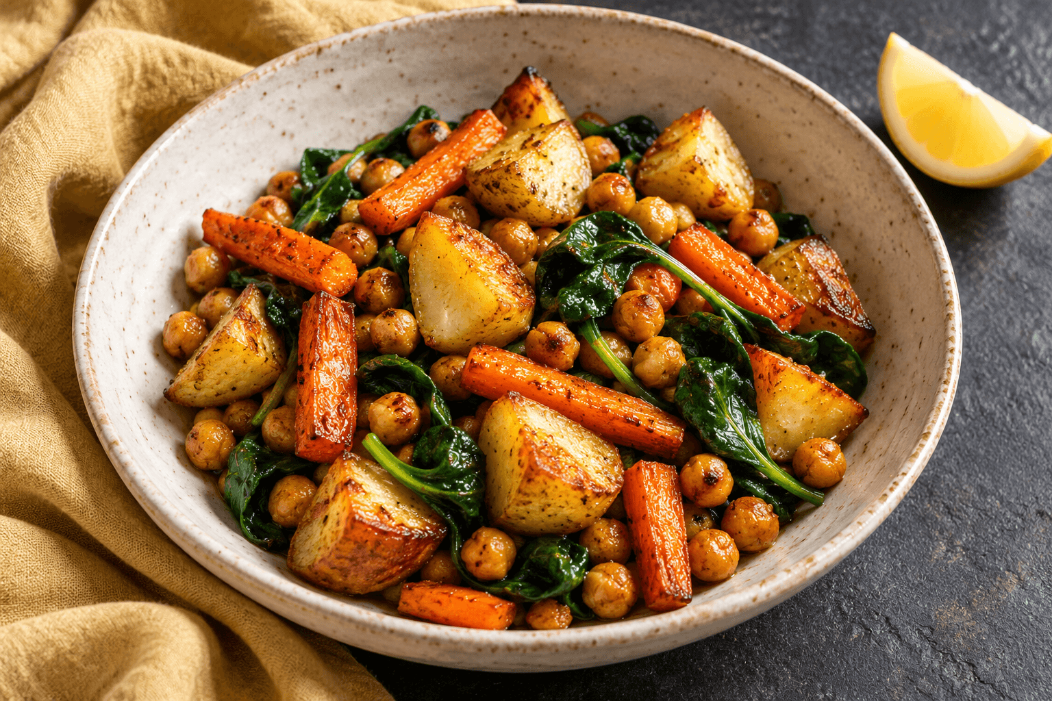 Roasted potato, carrot and chickpea bowl with spinach and a lemon wedge