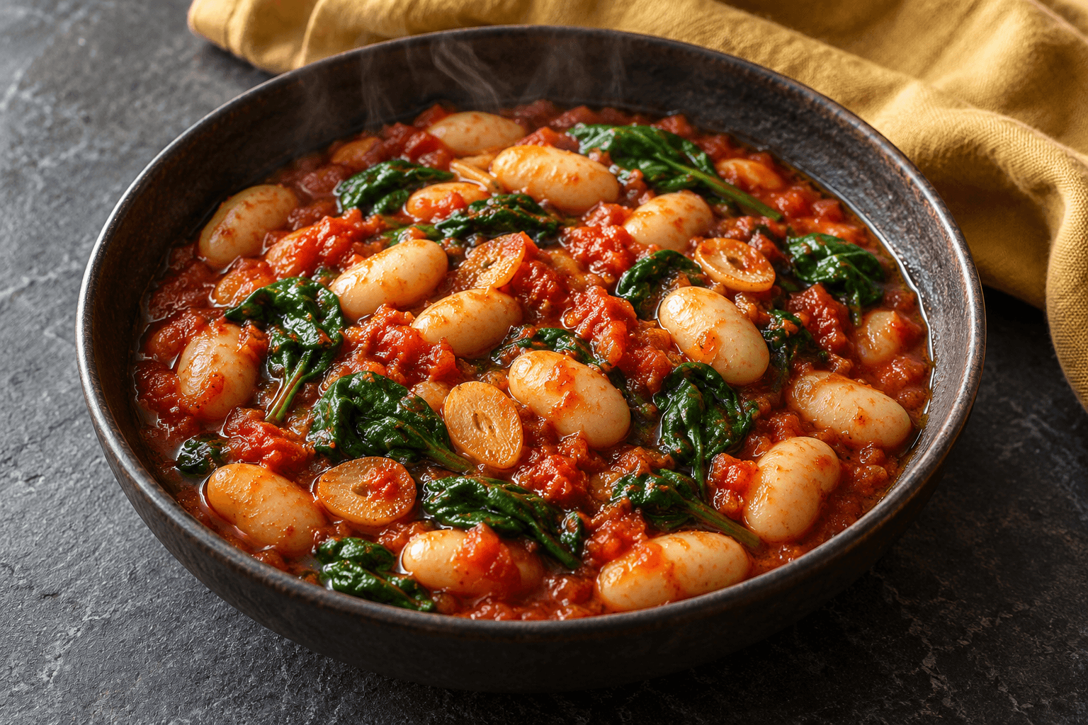Butter beans and spinach in a rich tomato sauce in a dark ceramic bowl