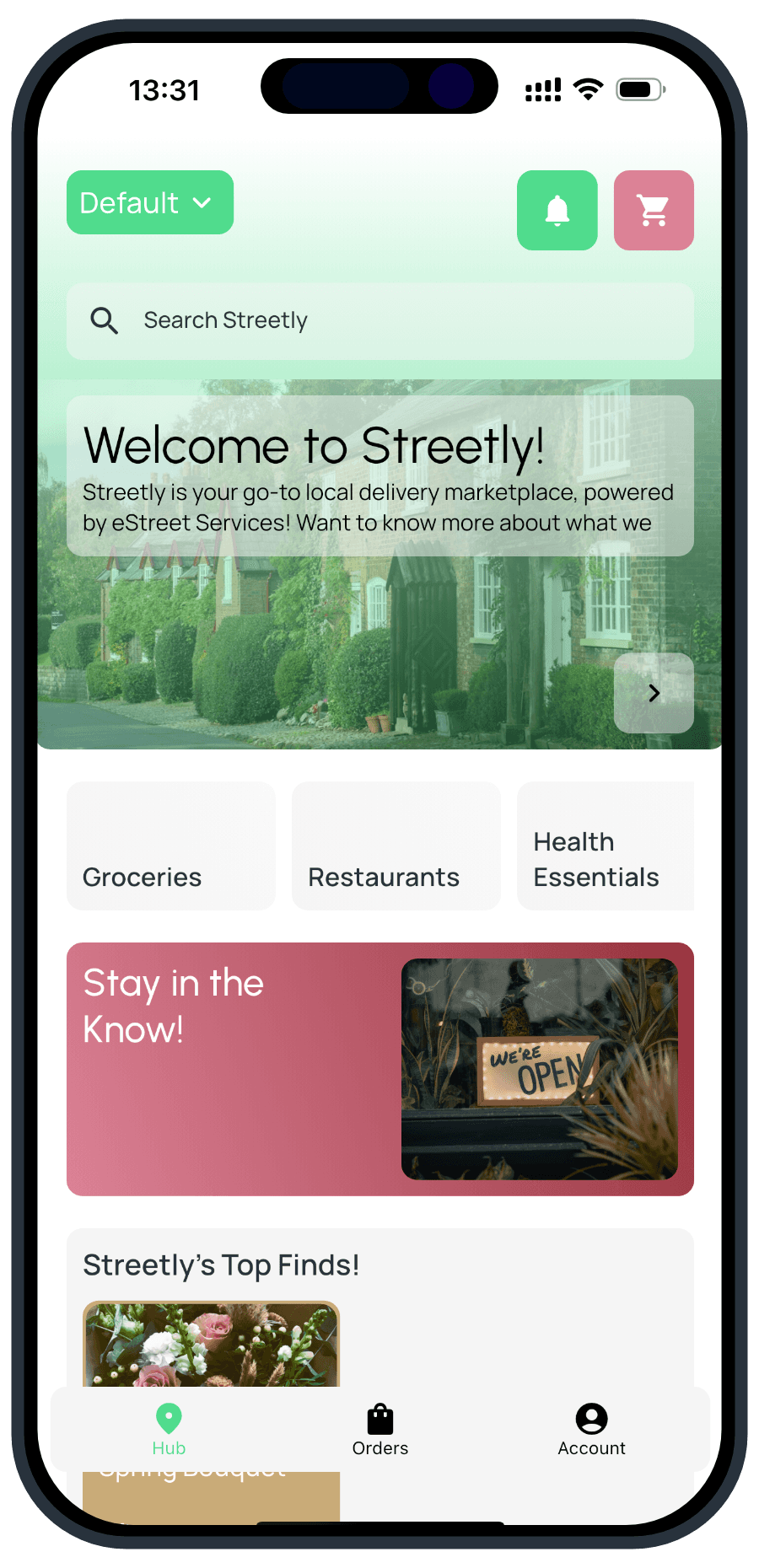 Streetly app hub showing local categories and top finds