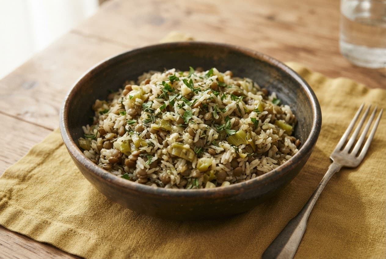A broad ceramic dish filled with fluffy basmati rice, tender green lentils, softened sliced leeks, and finely chopped fresh parsley
