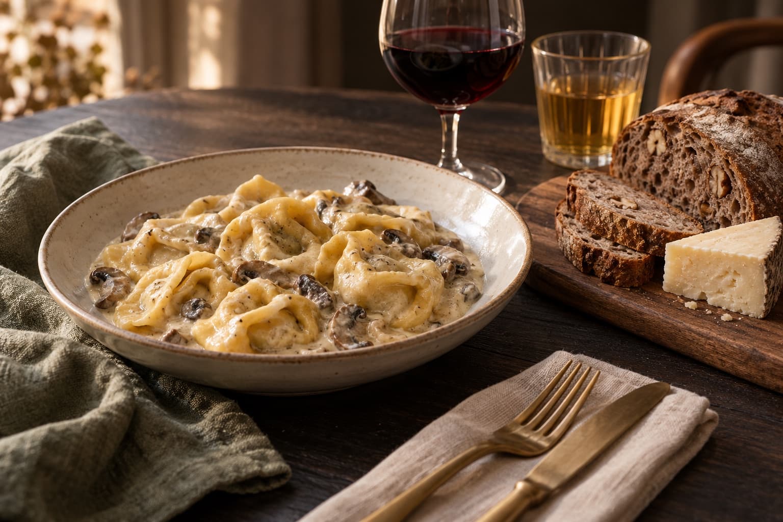 Mushroom pasta, walnut sourdough and cheese on a softly lit table with red wine and apple juice